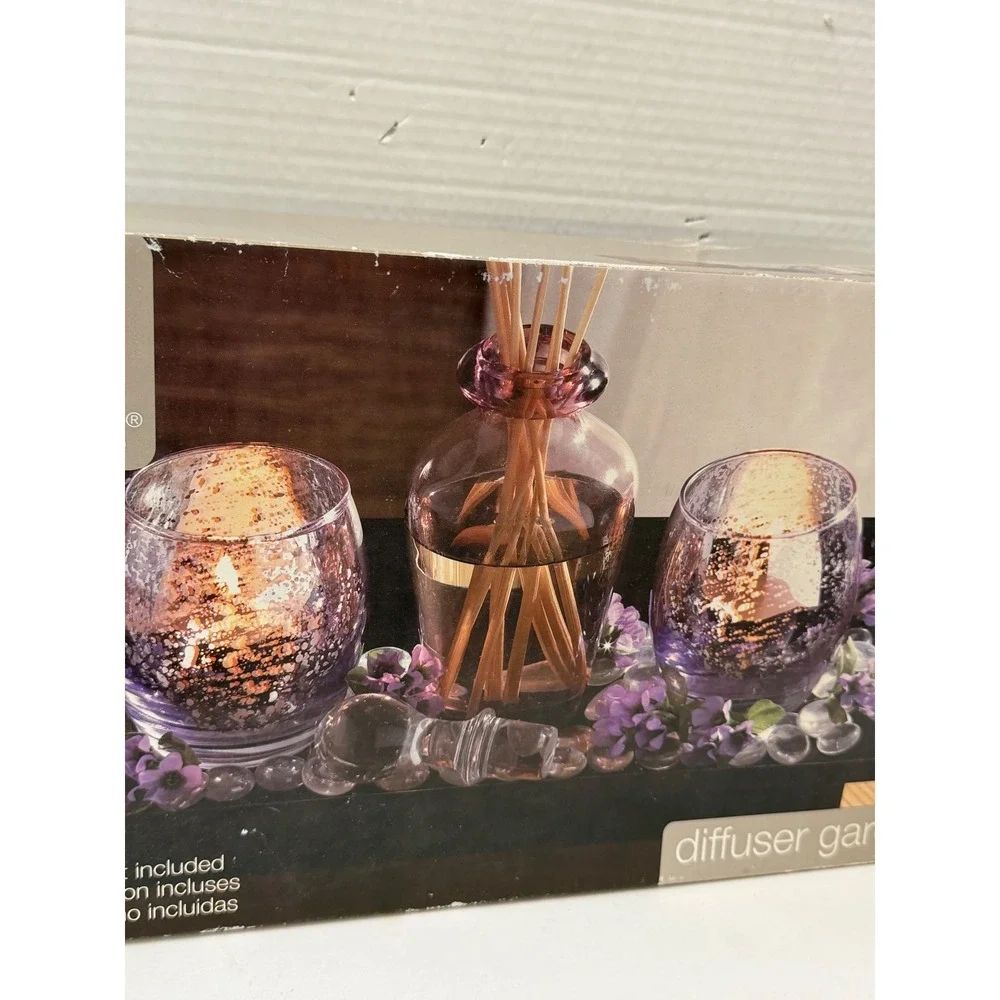 Elements Lavender Diffuser Garden Set Mercury Glass Votives Wooden Tray New